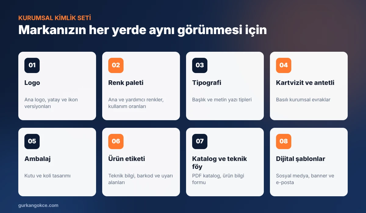 Kurumsal kimlik seti: logo, renk paleti, tipografi, kartvizit, ambalaj, ürün etiketi, katalog ve dijital şablonlar